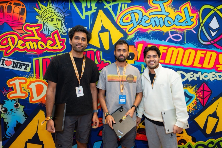 Manoj with two teammates at ETHGlobal 2025